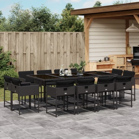 Set comedor de jardín con cojines 13 pzas ratán sintético negro