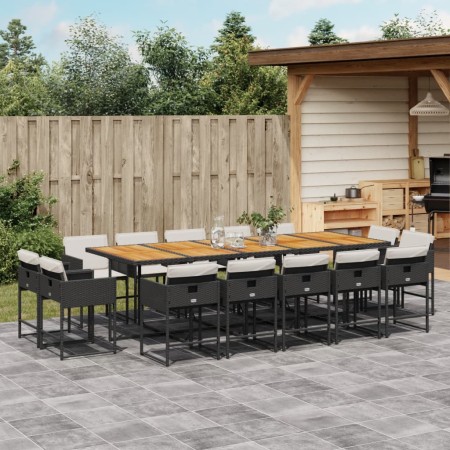Set comedor de jardín con cojines 15 pzas ratán sintético negro