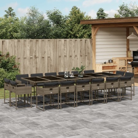 Set comedor de jardín 17 pzas y cojines ratán sintético gris