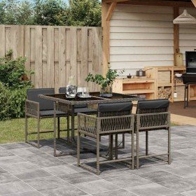 Set comedor de jardín 5 piezas con cojines ratán sintético gris