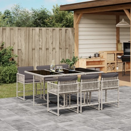 Set comedor jardín 7 pzas y cojines ratán sintético gris claro