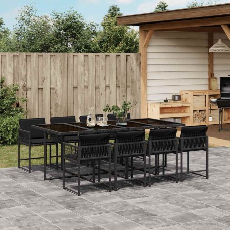 Set de comedor de jardín 9 pzas y cojines ratán sintético negro