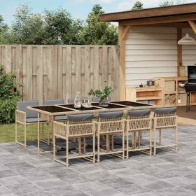 Set comedor de jardín 9 pzas con cojines ratán sintético beige