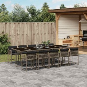 Set de comedor de jardín 11 pzas y cojines ratán sintético gris