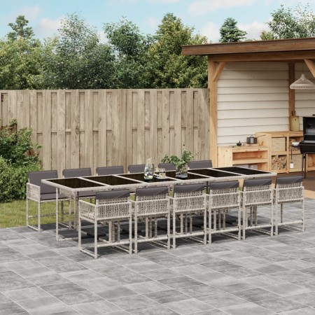 Set comedor jardín y cojines 13 pzas ratán sintético gris claro