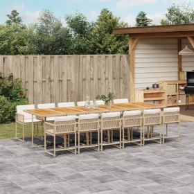 Set comedor de jardín con cojines 13 pzas ratán sintético beige