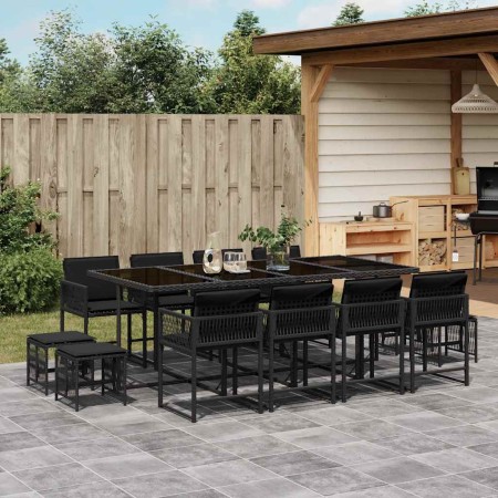 Set comedor de jardín con cojines 13 pzas ratán sintético negro