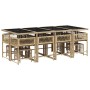 Set comedor de jardín con cojines 13 pzas ratán sintético beige
