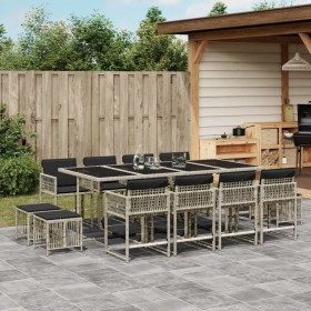 Set comedor jardín y cojines 13 pzas ratán sintético gris claro