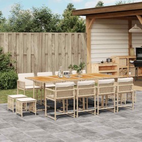 Set comedor de jardín con cojines 13 pzas ratán sintético beige