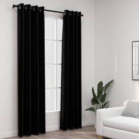 Cortinas opacas con ojales look de lino 2 pzas negro 140x225 cm