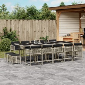 Set comedor jardín y cojines 15 pzas ratán sintético gris claro