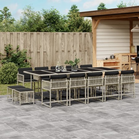 Set comedor jardín y cojines 15 pzas ratán sintético gris claro