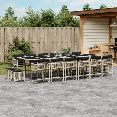 Set comedor jardín y cojines 17 pzas ratán sintético gris claro