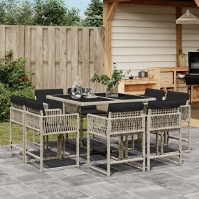 Set comedor de jardín 9 pzas cojines ratán sintético gris claro