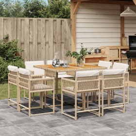 Set comedor de jardín 9 pzas con cojines ratán sintético beige
