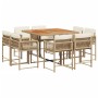 Set comedor de jardín 9 pzas con cojines ratán sintético beige