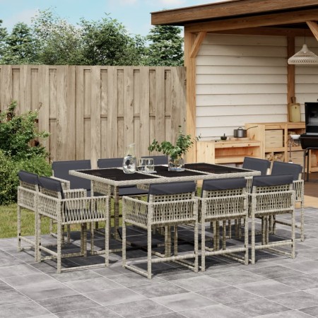 Set de comedor de jardín 11 pzas y cojines ratán sintético gris