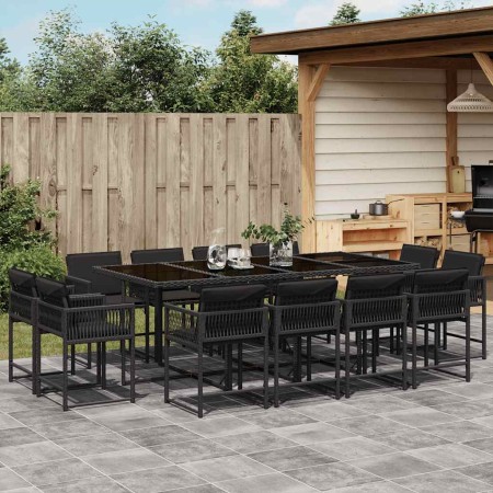 Set comedor de jardín con cojines 13 pzas ratán sintético negro