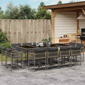 Set comedor de jardín con cojines 13 pzas ratán sintético gris