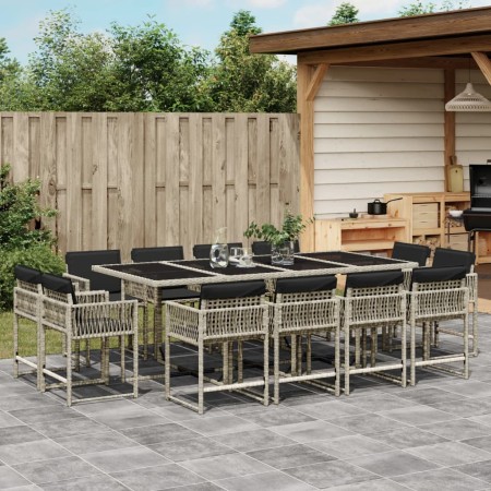 Set comedor jardín y cojines 13 pzas ratán sintético gris claro