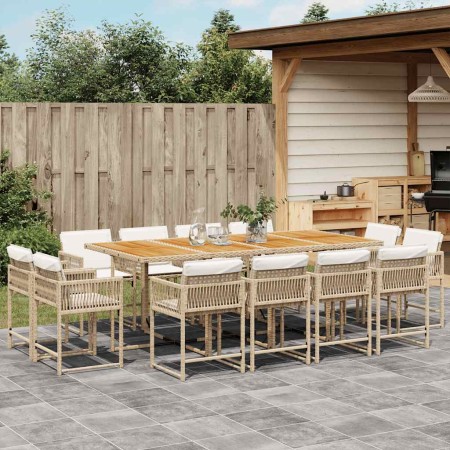 Set comedor de jardín con cojines 13 pzas ratán sintético beige