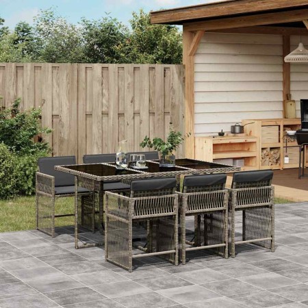 Set comedor jardín 7 pzas y cojines ratán sintético gris