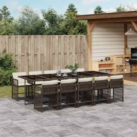 Set comedor de jardín 11 pzas y cojines ratán sintético marrón