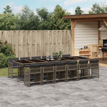 Set comedor de jardín con cojines 13 pzas ratán sintético gris