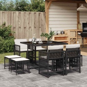 Set de comedor de jardín 9 pzas y cojines ratán sintético negro