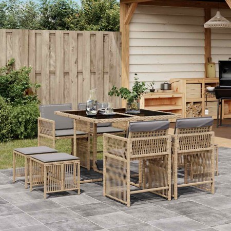 Set comedor de jardín 9 pzas con cojines ratán sintético beige