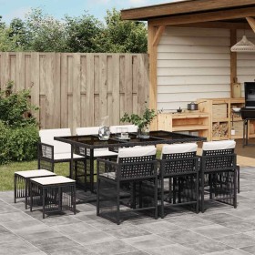 Set de comedor jardín 11 pzas con cojines ratán sintético negro