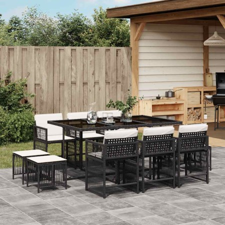 Set de comedor jardín 11 pzas con cojines ratán sintético negro