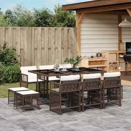 Set comedor de jardín 11 pzas y cojines ratán sintético marrón