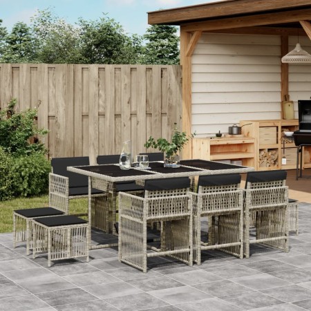 Set de comedor de jardín 11 pzas y cojines ratán sintético gris