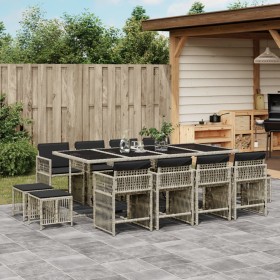 Set comedor jardín y cojines 13 pzas ratán sintético gris claro