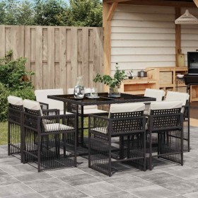 Set de comedor de jardín 9 pzas y cojines ratán sintético negro