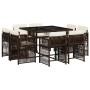 Set comedor para jardín 9 pzas y cojines ratán sintético marrón