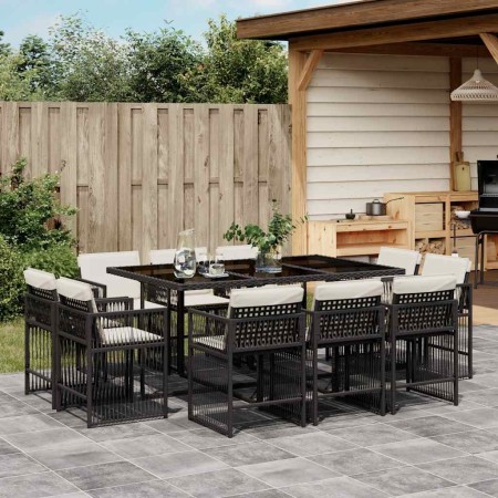 Set de comedor jardín 11 pzas con cojines ratán sintético negro