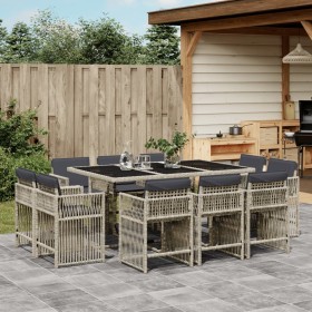 Set de comedor de jardín 11 pzas y cojines ratán sintético gris