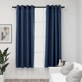 Cortinas opacas con ojales look de lino 2 pzas azul 140x175 cm Cortinas opacas con ojales look de lino 2 pzas azul 140x175 cm
