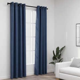 Cortinas opacas con ojales look de lino 2 pzas azul 140x225 cm