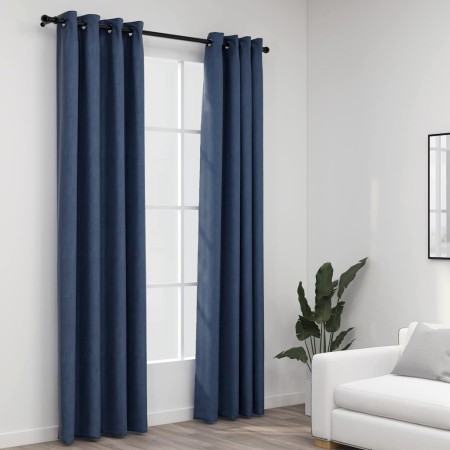 Cortinas opacas con ojales look de lino 2 pzas azul 140x225 cm
