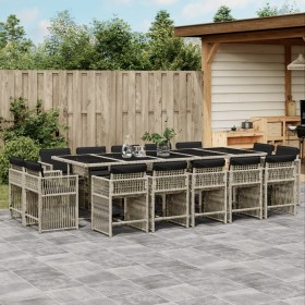 Set comedor jardín y cojines 15 pzas ratán sintético gris claro