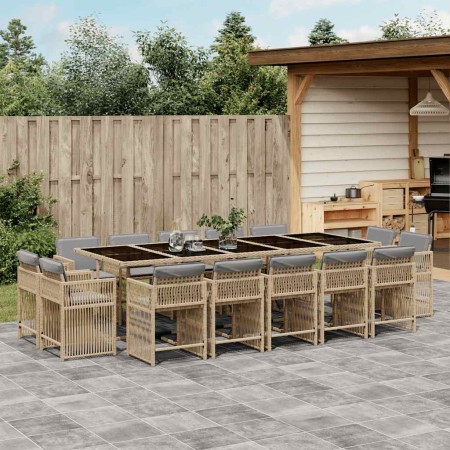 Set comedor de jardín con cojines 15 pzas ratán sintético beige