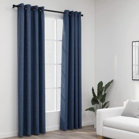 Cortinas opacas con ojales look de lino 2 pzas azul 140x245 cm Cortinas opacas con ojales look de lino 2 pzas azul 140x245 cm