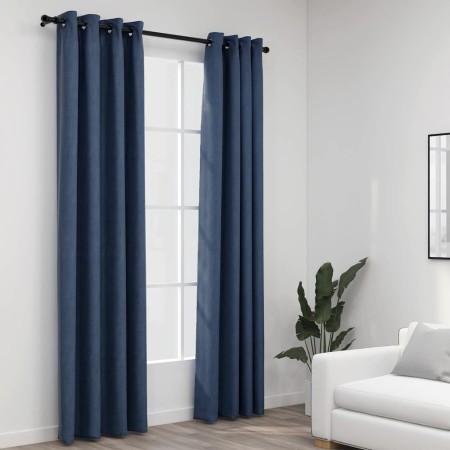 Cortinas opacas con ojales look de lino 2 pzas azul 140x245 cm