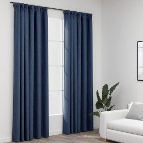 Cortinas opacas con ganchos look de lino 2 pzas azul 140x245 cm Cortinas opacas con ganchos look de lino 2 pzas azul 140x245 cm