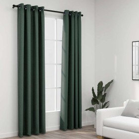 Cortinas opacas con ojales look de lino 2 pzas verde 140x225 cm