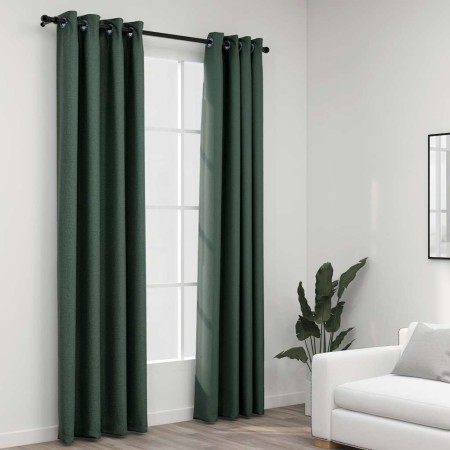 Cortinas opacas con ojales look de lino 2 pzas verde 140x225 cm